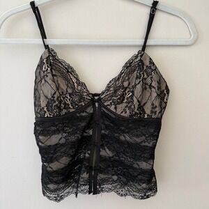 Gab & Kate Black Floral Lace Bow Camisole Bustier Top‎ Tan Lining Size S